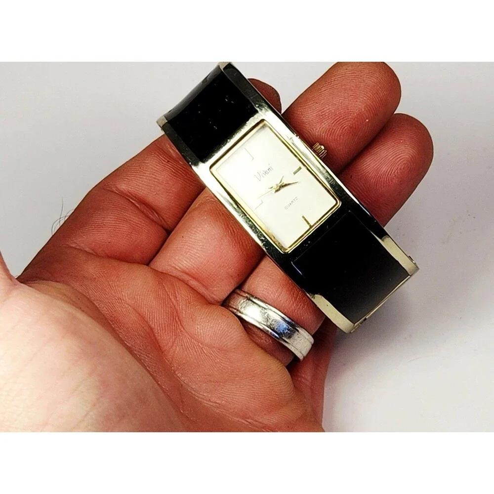 Vintage Vivani Black And Gold Tone Hinged Cuff Bracelet Watch New Battery